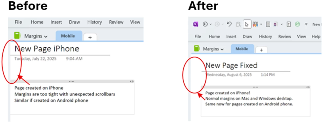 Fixed margins in OneNote before and after